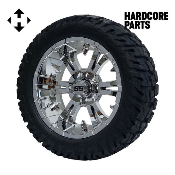 Hardcore Parts 14" Chrome 'Vampire' Golf Cart Wheels and 22"x10.5"-14" GATOR On-Road/Off-Road DOT rated All-Terrain tires - Set of 4, includes Chrome 'SS' center caps and 1/2x20 Chrome lug nuts