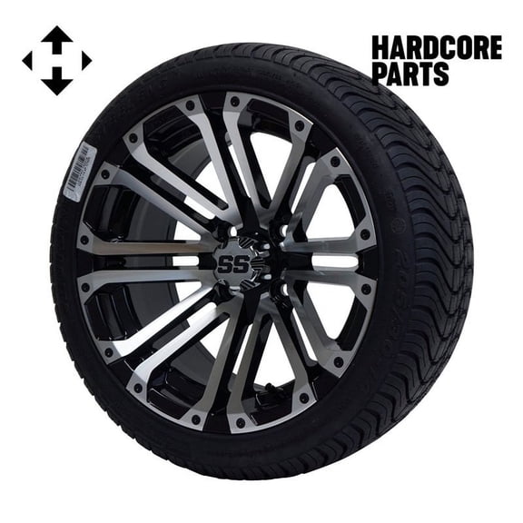 Hardcore Parts 14" Machined/Black 'LANCER' Golf Cart Wheels and 205/30-14 (20"x8"-14") DOT rated Low Profile tires - Set of 4, includes Chrome 'SS' center caps and M12x1.25 Chrome lug nuts
