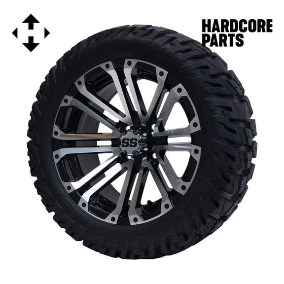 Hardcore Parts 14" Machined/Black 'LANCER' Golf Cart Wheels and 22"x10.5"-14" GATOR On-Road/Off-Road DOT rated All-Terrain tires - Set of 4, includes Chrome 'SS' center caps and 1/2x20 Chrome lug nuts