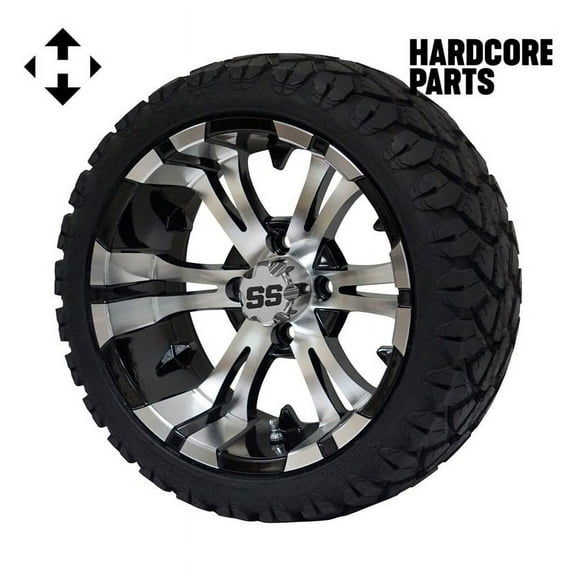 Hardcore Parts 14" Machined/Black 'Vampire' Golf Cart Wheels & 20″x8.5″-14″ STINGER On-Road/Off-Road DOT rated All-Terrain tires - Set of 4, includes Chrome 'SS' center caps & M12x1.25 Chrome lug nuts