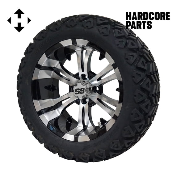 Hardcore Parts 15" Machined/Black 'VAMPIRE' Golf Cart Wheels and 23"x10"-15" DOT rated All-Terrain tires - Set of 4, includes Chrome 'SS' center caps and 1/2x20 Chrome lug nuts