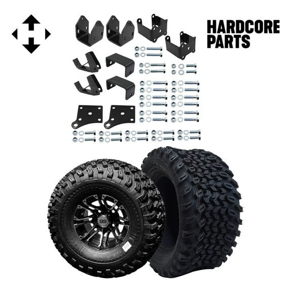 Hardcore Parts 4" Block Lift Kit for EZGO TXT (1994.5-2001.5) Electric Golf Cart with 10" Machined/Black 'Lancer' Wheels and 22"x11"-10 DOT rated All-Terrain tires