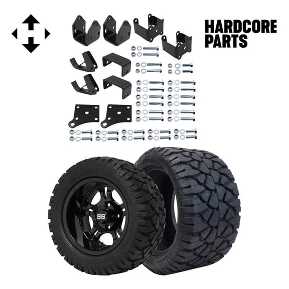 Hardcore Parts 4" Block Lift Kit for EZGO TXT (1994.5-2001.5) Electric Golf Cart with 12" Black 'DARKSIDE' Wheels and 20"x10"-12" STINGER On-Road/Off-Road DOT rated All-Terrain tires