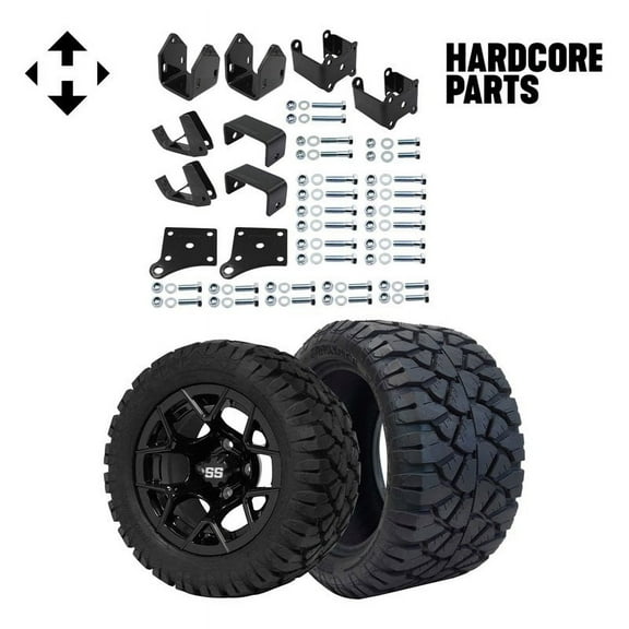 Hardcore Parts 4" Block Lift Kit for EZGO TXT (1994.5-2001.5) Electric Golf Cart with 12" Black 'Rally' Wheels and 20"x10"-12" STINGER On-Road/Off-Road DOT rated All-Terrain tires