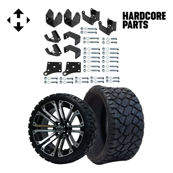 Hardcore Parts 4" Block Lift Kit for EZGO TXT (1994.5-2001.5) Electric Golf Cart with 14" Machined/Black 'LANCER' Wheels and 20"x8.5"-14 STINGER On-Road/Off-Road DOT rated All-Terrain tires