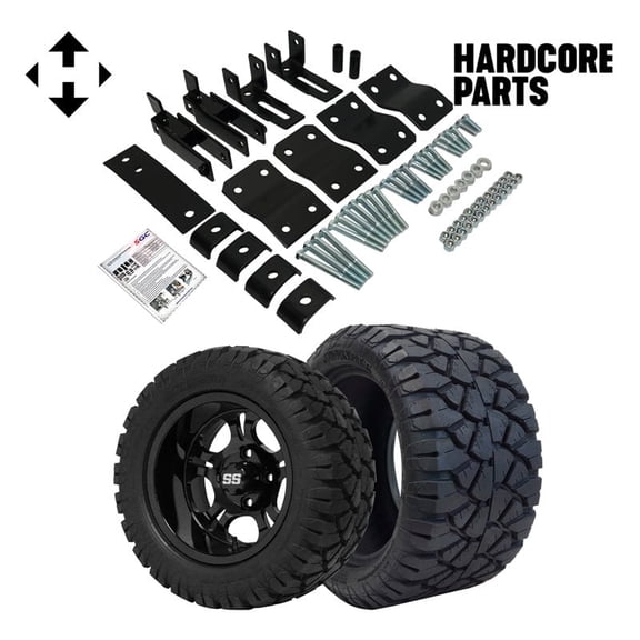 Hardcore Parts 4" Block Lift Kit for YAMAHA G14/G16/G19 Golf Cart with 12" Black 'DARKSIDE' Wheels and 20"x10"-12" STINGER On-Road/Off-Road DOT rated All-Terrain tires