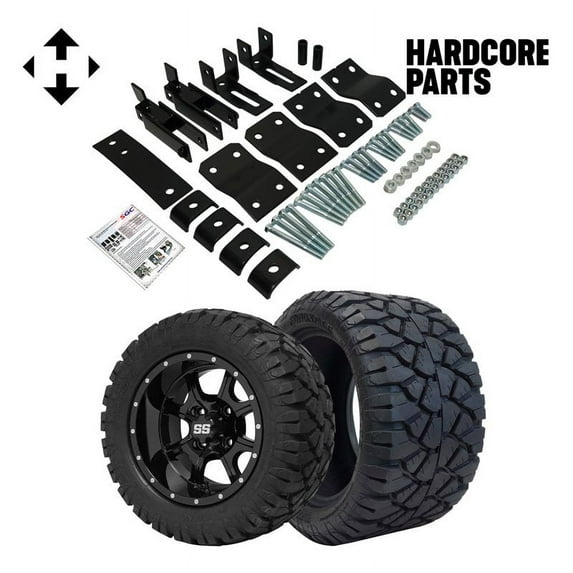 Hardcore Parts 4" Block Lift Kit for YAMAHA G14/G16/G19 Golf Cart with 12" Black 'Night Stalker' Wheels and 20"x10"-12" STINGER On-Road/Off-Road DOT rated All-Terrain tires