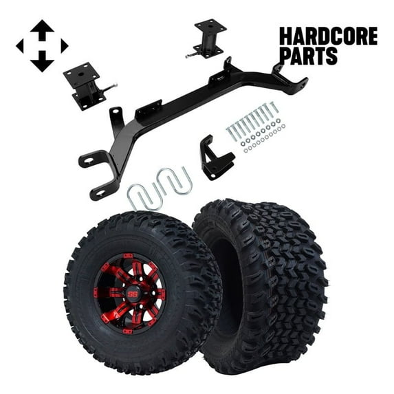 Hardcore Parts 4" Drop Axle Lift Kit for EZGO Marathon (1975-1993) Electric Golf Cart with 10" Red/Black 'TEMPEST' Wheels and 22"x11"-10" DOT rated All-Terrain tires