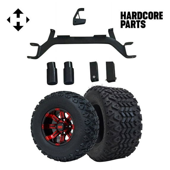Hardcore Parts 4" Drop Axle Lift Kit for EZGO Marathon (1975-1993) Gas Golf Cart with 10" Red/Black 'TEMPEST' Wheels and 20"x10"-10" DOT rated All-Terrain tires