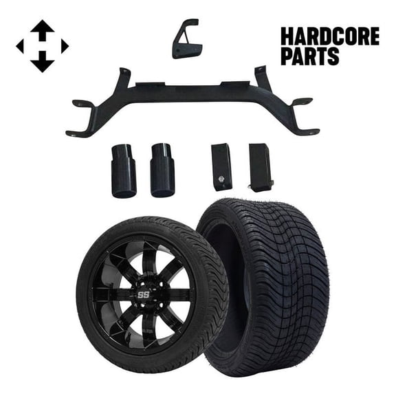 Hardcore Parts 4" Drop Axle Lift Kit for EZGO Marathon (1975-1993) Gas Golf Cart with 14" Black 'TEMPEST' Wheels and 205/30-14 (20"x8"-14") DOT rated Low Profile tires