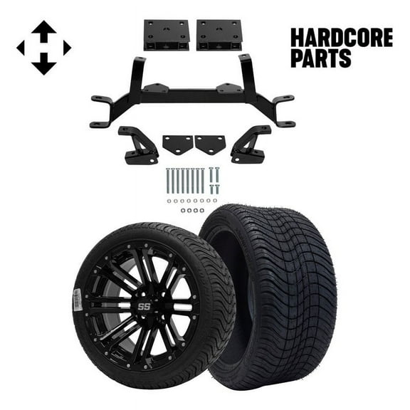 Hardcore Parts 4" Drop Axle Lift Kit for EZGO TXT/PDS (1994.5-2001.5) Gas Golf Cart with 14" Black 'LANCER' Wheels and 205/30-14 (20"x8"-14") DOT rated Low Profile tires