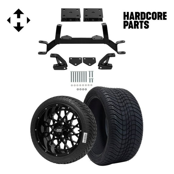 Hardcore Parts 4" Drop Axle Lift Kit for EZGO TXT/PDS (1994.5-2001.5) Gas Golf Cart with 14" Black 'Venom' wheel Wheels and 205/30-14 (20"x8"-14") DOT rated Low Profile tires