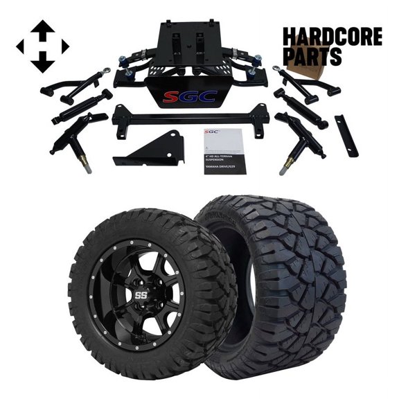 Hardcore Parts 4” Heavy Duty Double A-Arm Suspension Lift Kit for YAMAHA Drive G29 Golf Cart with 12" Black 'Night Stalker' Wheels and 20"x10"-12" STINGER On-Road/Off-Road All-Terrain tires