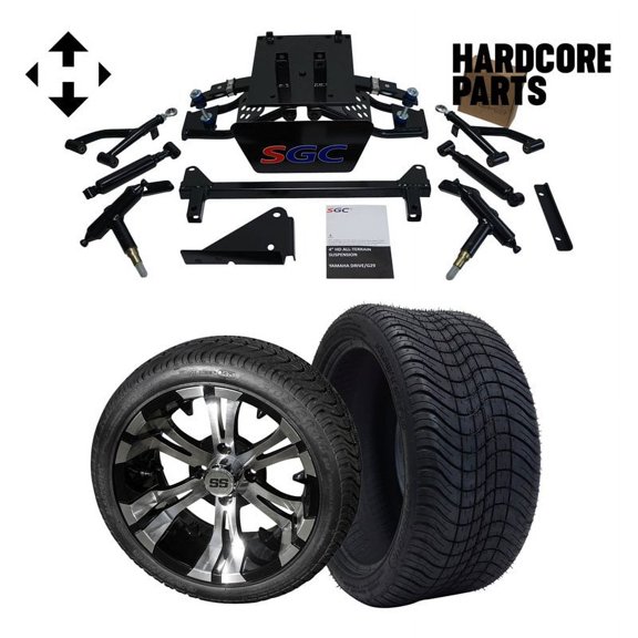 Hardcore Parts 4” Heavy Duty Double A-Arm Suspension Lift Kit for YAMAHA Drive G29 Golf Cart with 14" Machined/Black 'Vampire' Wheels and 205/30-14 (20"x8"-14) DOT rated Low Profile tires