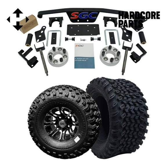 Hardcore Parts 4" Spindle Extension Lift Kit for Club Car DS (1982-2010) Golf Cart with 10" Machined/Black 'Lancer' Wheels and 22"x11"-10 DOT rated All-Terrain tires