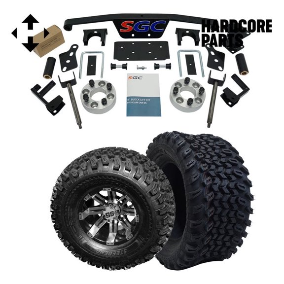 Hardcore Parts 4" Spindle Extension Lift Kit for Club Car DS (1982-2010) Golf Cart with 10" Machined/Black 'Tempest' Wheels and 22"x11"-10" DOT rated All-Terrain tires