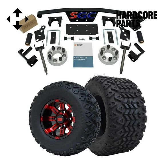 Hardcore Parts 4" Spindle Extension Lift Kit for Club Car DS (1982-2010) Golf Cart with 10" Red/Black 'TEMPEST' Wheels and 20"x10"-10" DOT rated All-Terrain tires