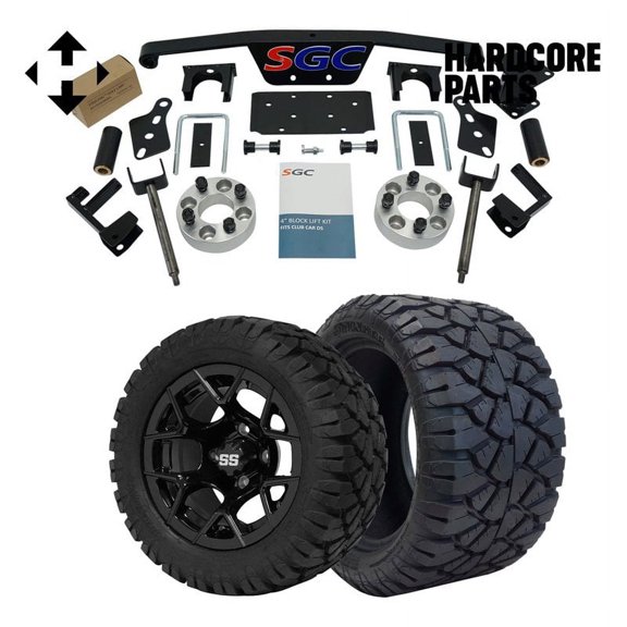 Hardcore Parts 4" Spindle Extension Lift Kit for Club Car DS (1982-2010) Golf Cart with 12" Black 'Rally' Wheels and 20"x10"-12" STINGER On-Road/Off-Road DOT rated All-Terrain tires
