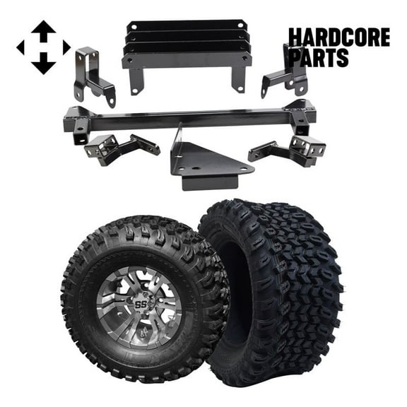 Hardcore Parts 4" Spindle Extension Lift Kit for Yamaha Drive (G29) Golf Cart with 10" Machined/Gunmetal 'Vampire' Wheels and 22"x11"-10" DOT rated All-Terrain tires