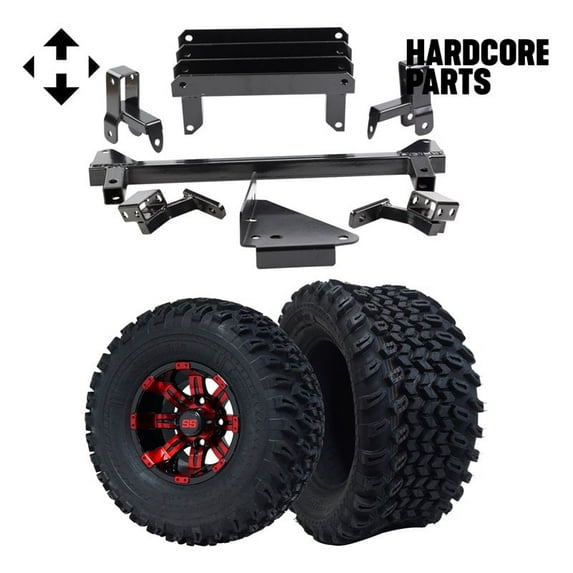Hardcore Parts 4" Spindle Extension Lift Kit for Yamaha Drive (G29) Golf Cart with 10" Red/Black 'TEMPEST' Wheels and 22"x11"-10" DOT rated All-Terrain tires