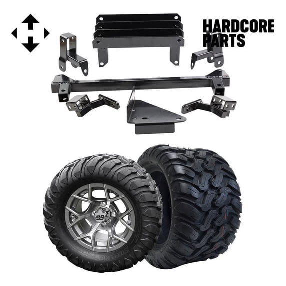 Hardcore Parts 4" Spindle Extension Lift Kit for Yamaha Drive (G29) Golf Cart with 12" Machined/Gunmetal 'Rally' Wheels and 22"x11"-12" DOT rated Mud-Terrain/All-Terrain tires