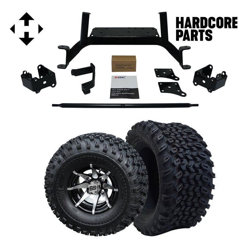 Hardcore Parts 6" Drop Axle Lift Kit for EZGO MPT/WORKHORSE 1200 (2001.5-2013) Golf Cart with 10" Machined/Black 'Kraken' Wheels and 22"x11"-10" DOT rated All-Terrain tires