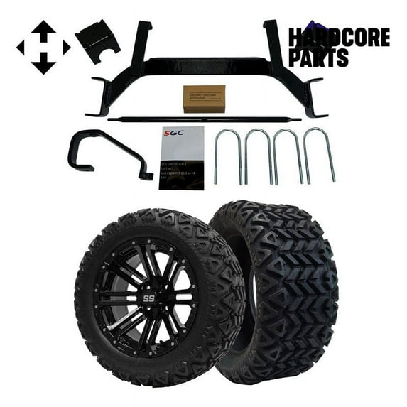 Hardcore Parts 6" Drop Axle Lift Kit for EZGO TXT/PDS (2001.5-2008) Gas Golf Cart with 14" Black 'LANCER' Wheels and 23"x10"-14" DOT rated All-Terrain tires