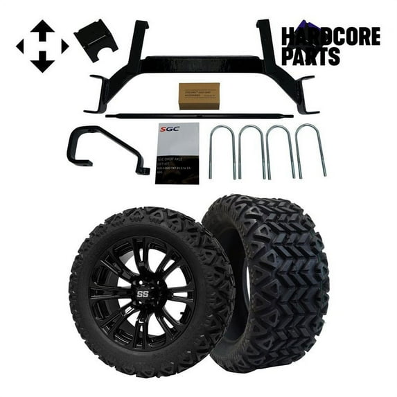 Hardcore Parts 6" Drop Axle Lift Kit for EZGO TXT/PDS (2001.5-2008) Gas Golf Cart with 14" Black 'Voodoo' Wheels and 23"x10"-14" DOT rated All-Terrain tires