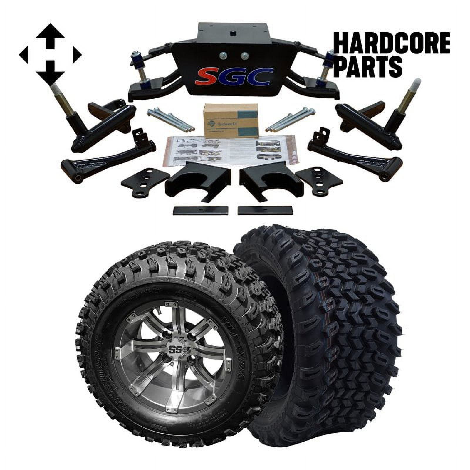 Hardcore Parts 6 Heavy Duty Double A-Arm Suspension Lift Kit for Club Car DS Golf Cart (2004.5-Up) with 12" Machined/Gunmetal 'Tempest' Wheels and 23"x10.5"-12" All-Terrain tires