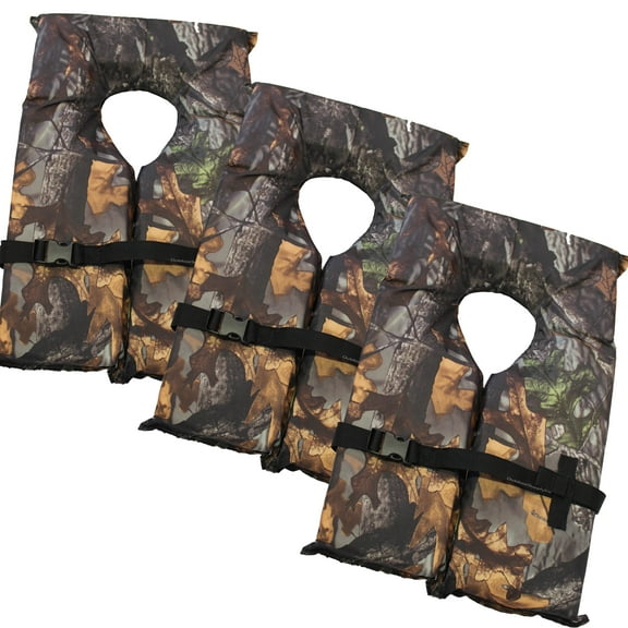 Hardcore Water Sports Hardcore Coast Guard approved life jackets for adults.  Camo color Type II keyhole life vest in classic May West style. Compliance life vests and flotation device (3 pack)