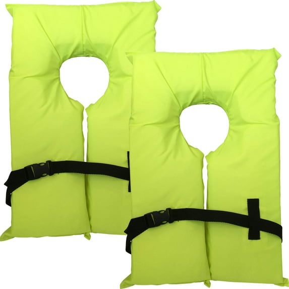 Hardcore Water Sports Hardcore Coast Guard approved life jackets for adults.  High visibility neon yellow color Type II keyhole life vest in classic May West style. Compliance life vests and flotation
