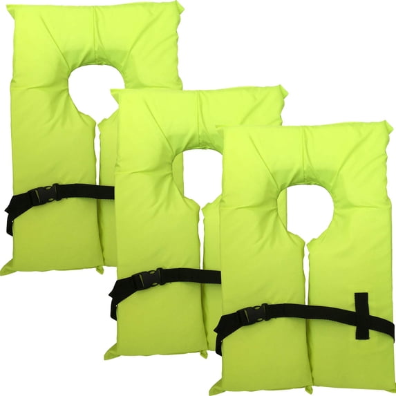 Hardcore Water Sports Hardcore Coast Guard approved life jackets for adults. High visibility neon yellow color Type II keyhole life vest in classic May West style. Compliance life vests and flotation