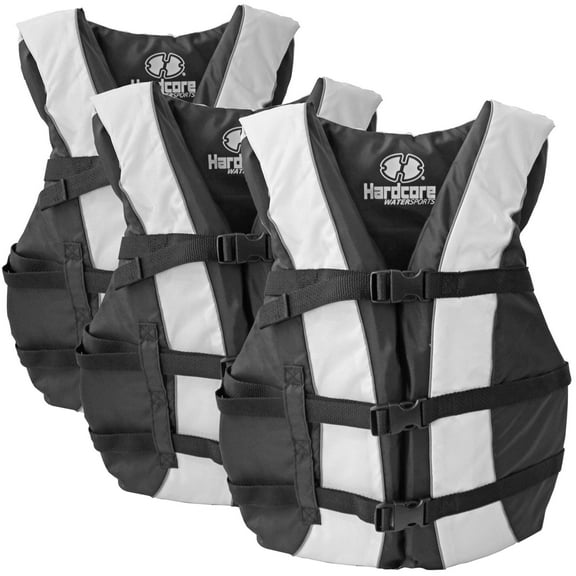 Hardcore Water Sports Hardcore life jacket 3 pack paddle vest for adults; Coast Guard approved Type III PFD life vest flotation device; Jet ski, wakeboard, hardshell kayak life jacket; Ideal extra pon