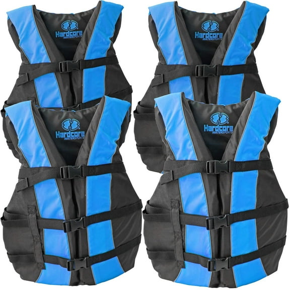 Hardcore Water Sports Hardcore life jacket 4 pack paddle vest for adults; Coast Guard approved Type III PFD life vest flotation device; Jet ski, wakeboard, hardshell kayak lufe jacket; Ideal extra pon