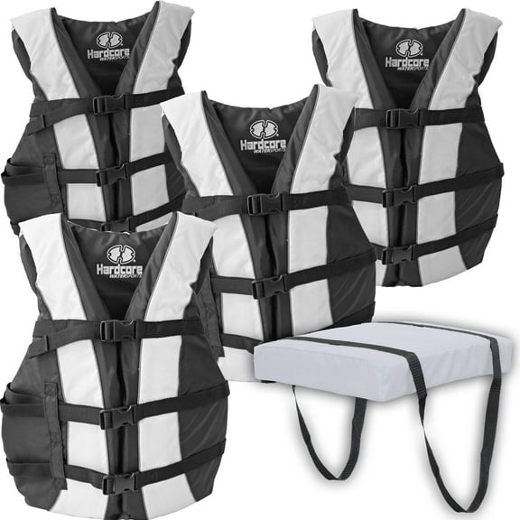Hardcore Water Sports Hardcore life jacket 4 pack paddle vest for adults with Type IV Boat Cushion; Coast Guard approved Type III PFD life vest flotation device; Jet ski, wakeboard, hardshell kayak li