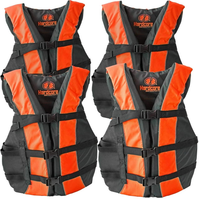 Hardcore Water Sports USCG Type III Adult Life Jacket, Orange, 4 Pack