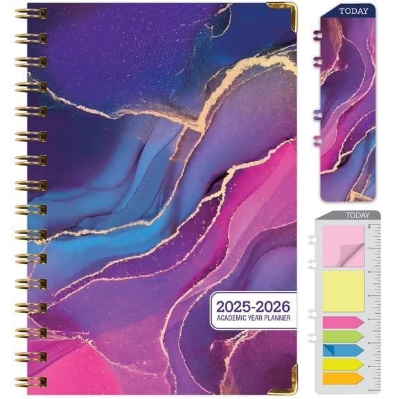 Academic Planner 2025-2026, Daily Weekly Monthly Yearly Planner, June 2025 - July 2026, 14 months, 5.5"x8", Bookmark, Pocket Folder and Sticky Note Set (Pink Purple Marble)