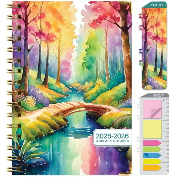 Academic Planner 2025-2026, Daily Weekly Monthly Yearly Planner, June 2025 - July 2026, 14 months, 5.5"x8", Bookmark, Pocket Folder and Sticky Note Set (Rainbow Trail)