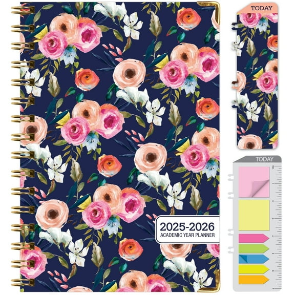 Academic Planner 2025-2026, Daily Weekly Monthly Yearly Planner, June 2025 - July 2026, 14 months, 5.5"x8", Hardcover, Bookmark, Pocket Folder and Sticky Note Set (Small Navy Floral)