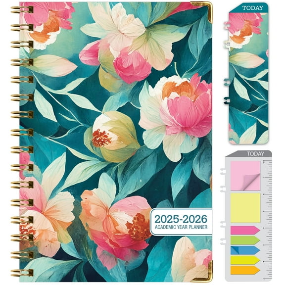 Academic Planner 2025-2026, Daily Weekly Monthly Yearly Planner, June 2025 - July 2026, 14 months, 5.5"x8", Bookmark, Pocket Folder and Sticky Note Set (Teal Floral)
