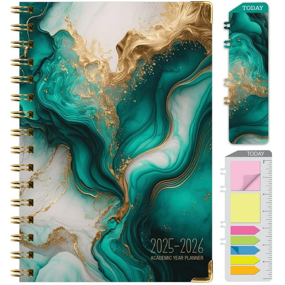 Academic Planner 2025-2026, Daily Weekly Monthly Yearly Planner, June 2025 - July 2026, 14 months, 5.5"x8", Hardcover, Bookmark, Pocket Folder and Sticky Note Set (Teal Gold Marble)