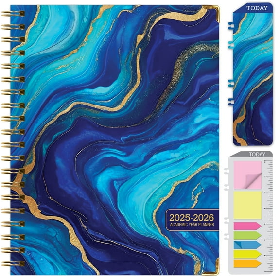 Academic Year 2025-2026 Planner, June 2025 - July 2026, 8.5"x11" Daily Weekly Monthly Planner Yearly Agenda, Hardcover, Bookmark, Pocket Folder and Sticky Note Set (Dark Blue Marble)