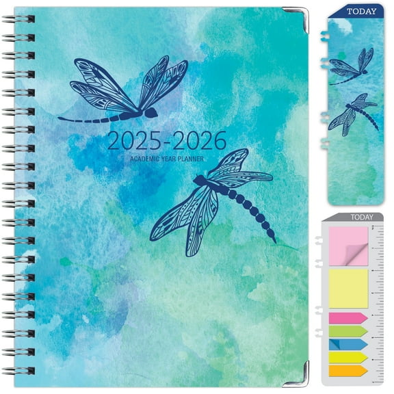 Academic Year 2025-2026 Planner, June 2025 - July 2026, 8.5"x11" Daily Weekly Monthly Planner Yearly Agenda, Hardcover, Bookmark, Pocket Folder and Sticky Note Set (Dragonflies)