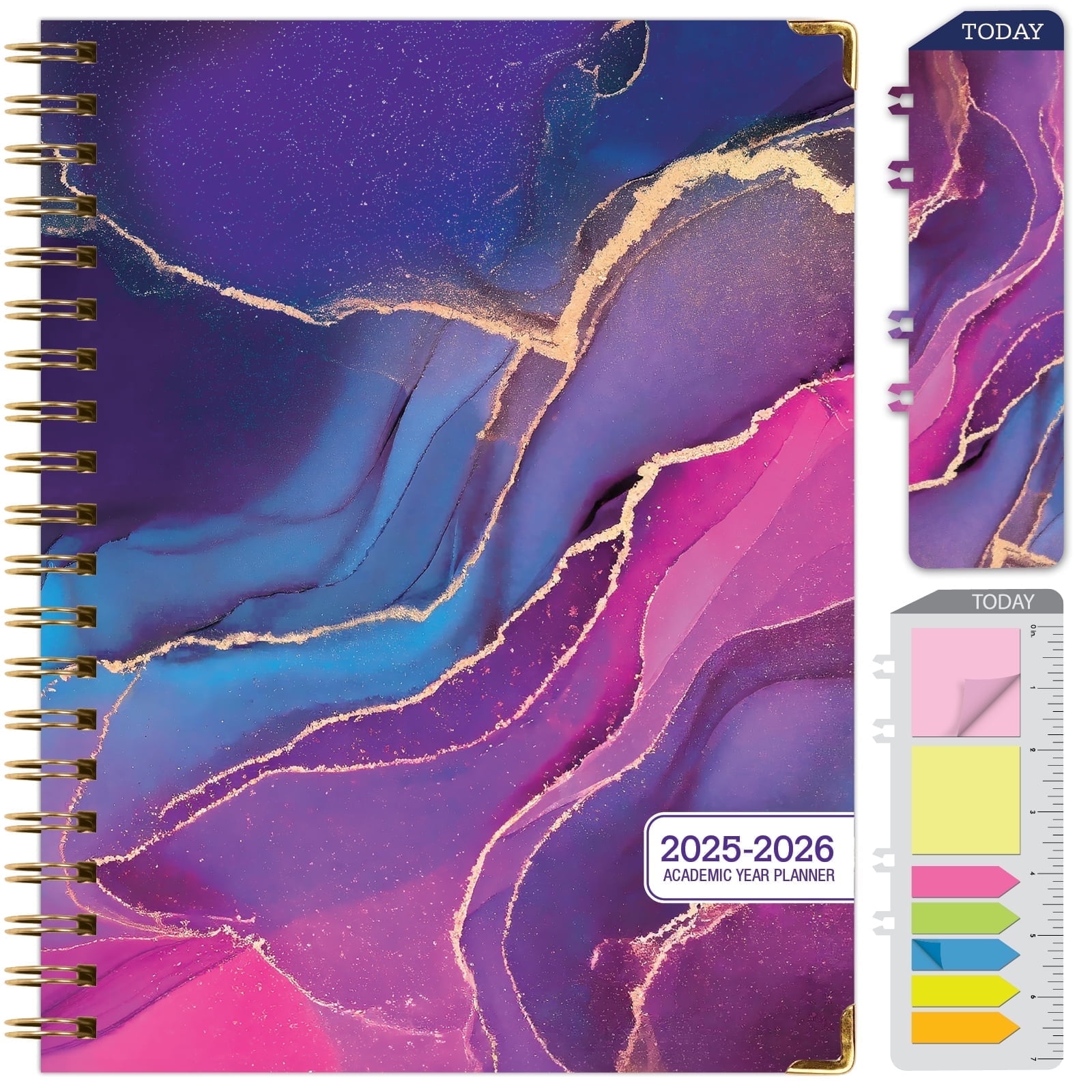 Academic Year 2025-2026 Planner, June 2025 - July 2026, 8.5"x11" Daily Weekly Monthly Planner Yearly Agenda, Hardcover, Bookmark, Pocket Folder and Sticky Note Set (Pink Purple Marble)