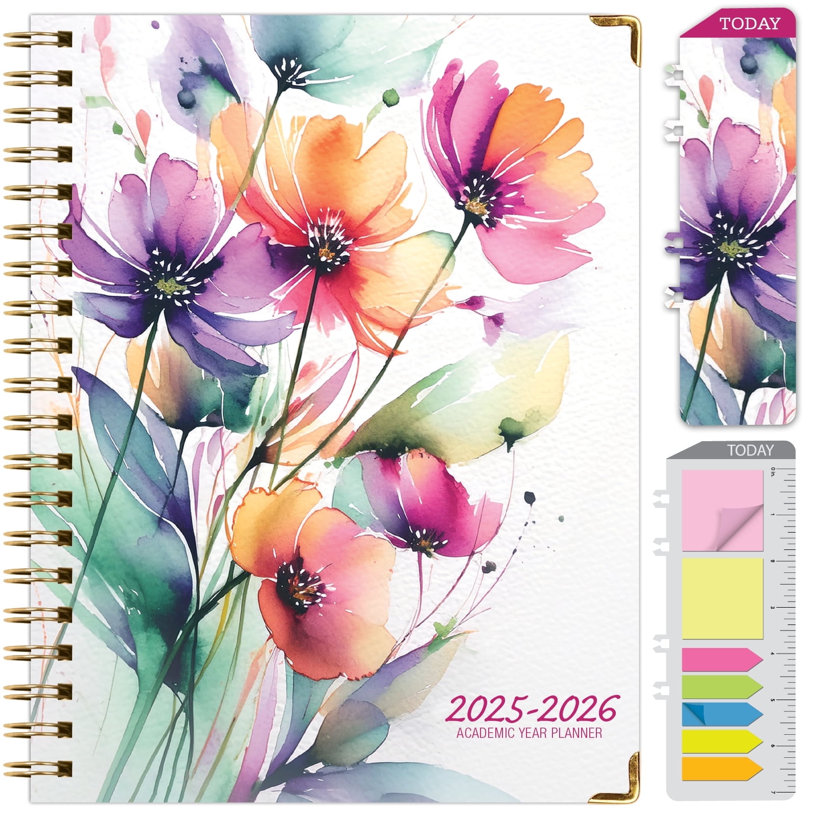 Academic Year 2025-2026 Planner, June 2025 - July 2026, 8.5"x11" Daily Weekly Monthly Planner Yearly Agenda, Hardcover, Bookmark, Pocket Folder and Sticky Note Set (Rainbow Floral)