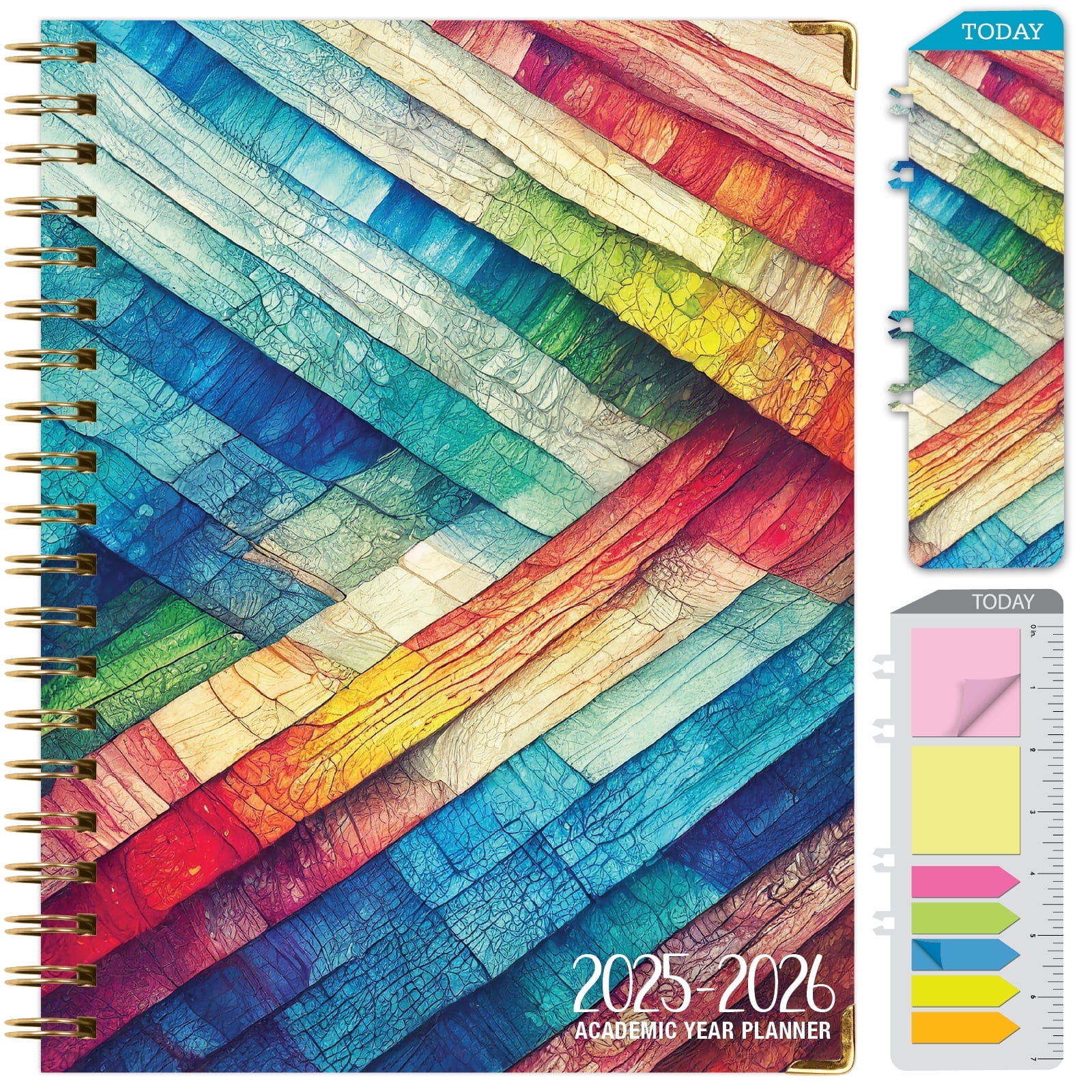 Academic Year 2025-2026 Planner, June 2025 - July 2026, 8.5"x11" Daily Weekly Monthly Planner Yearly Agenda, Hardcover, Bookmark, Pocket Folder and Sticky Note Set (Rainbow Oak)