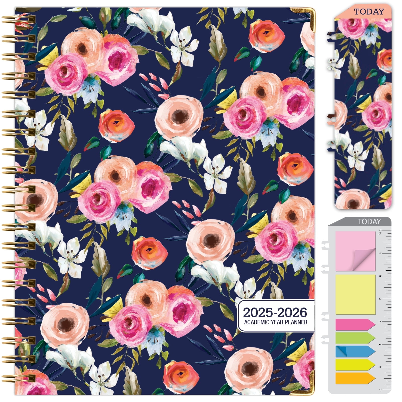 Academic Year 2025-2026 Planner, June 2025 - July 2026, 8.5"x11" Daily Weekly Monthly Planner Yearly Agenda, Hardcover, Bookmark, Pocket Folder and Sticky Note Set (Small Navy Floral)