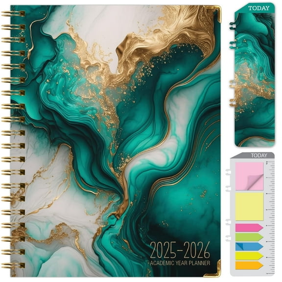 Academic Year 2025-2026 Planner, June 2025 - July 2026, 8.5"x11" Daily Weekly Monthly Planner Yearly Agenda, Hardcover, Bookmark, Pocket Folder and Sticky Note Set (Teal Gold Marble)