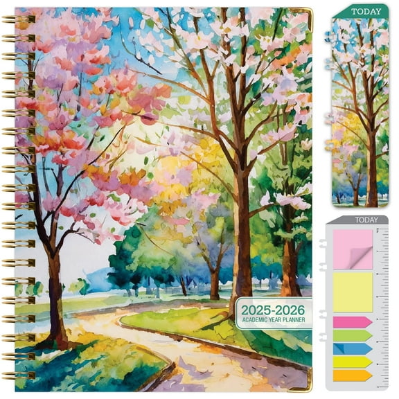 Academic Year 2025-2026 Planner, June 2025 - July 2026, 8.5"x11" Daily Weekly Monthly Planner Yearly Agenda, Hardcover, Bookmark, Pocket Folder and Sticky Note Set (Summer Bliss) (Watercolor Tree)