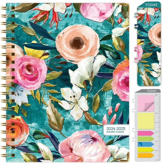 Hardcover Academic Year 2024-2025 Planner (June 2024 Through July 2025) 8.5"x11", Large, Daily Weekly Monthly Planner Yearly Agenda. Bookmark, Pocket Folder and Sticky Note Set, Teal Floral